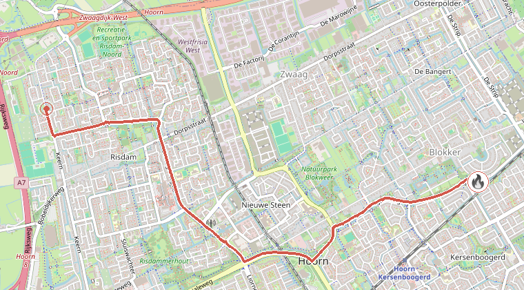 Kaart van de omgeving van de melding, met de kazerne die is gealarmeerd