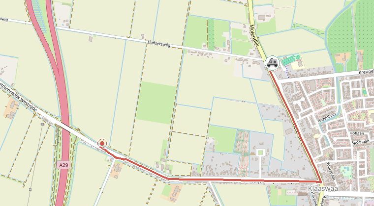 Kaart van de omgeving van de melding, met de kazerne die is gealarmeerd