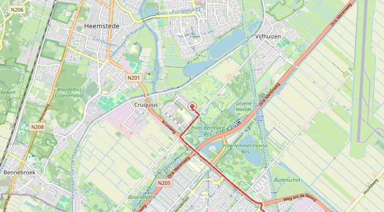 Kaart van de omgeving van de melding, met de kazerne die is gealarmeerd