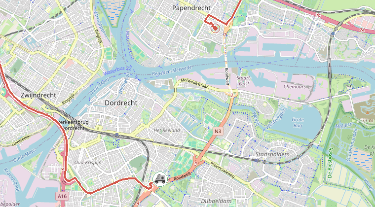 Kaart van de omgeving van de melding, met de kazerne die is gealarmeerd