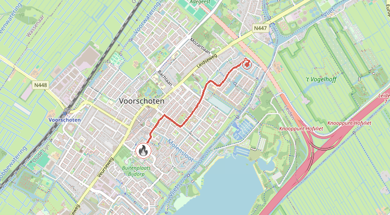 Kaart van de omgeving van de melding, met de kazerne die is gealarmeerd
