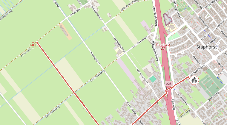 Kaart van de omgeving van de melding, met de kazerne die is gealarmeerd