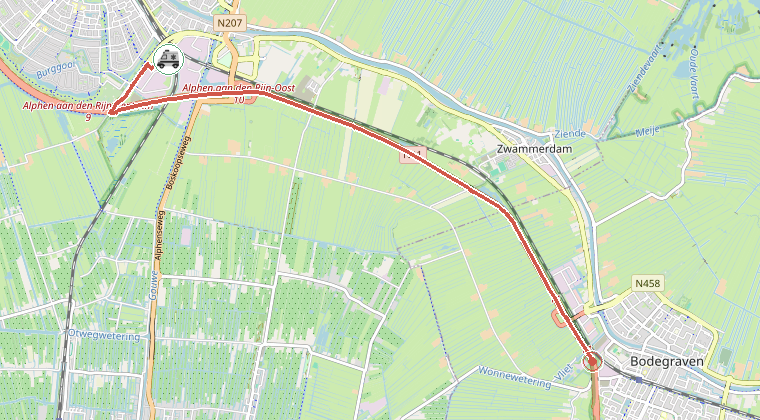 Kaart van de omgeving van de melding, met de kazerne die is gealarmeerd