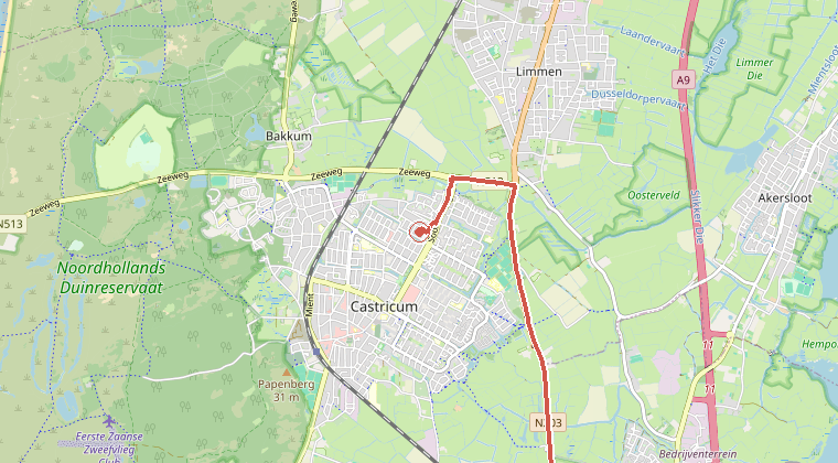 Kaart van de omgeving van de melding, met de kazerne die is gealarmeerd