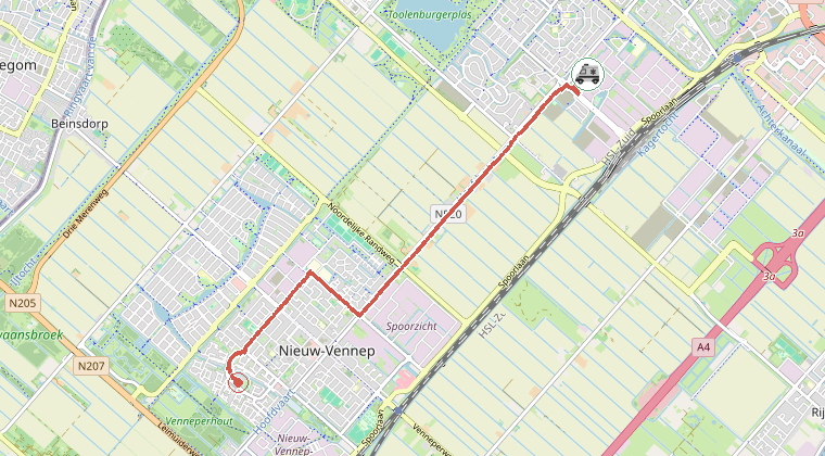 Kaart van de omgeving van de melding, met de kazerne die is gealarmeerd
