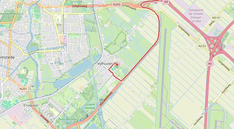 Kaart van de omgeving van de melding, met de kazerne die is gealarmeerd