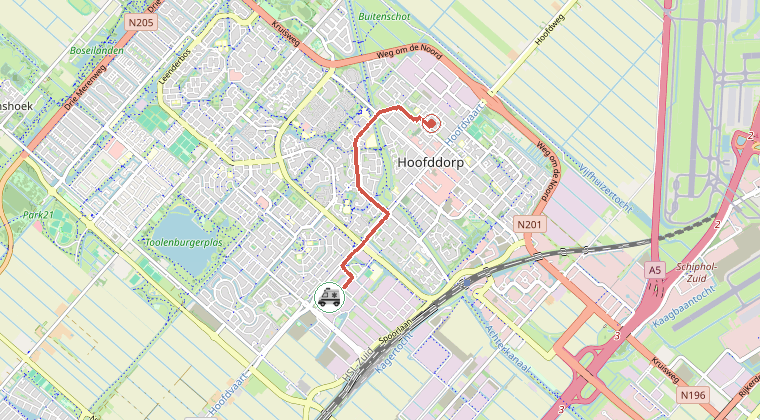 Kaart van de omgeving van de melding, met de kazerne die is gealarmeerd