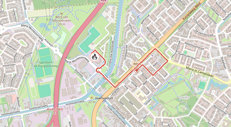 Kaart van de omgeving van de melding, met de kazerne die is gealarmeerd