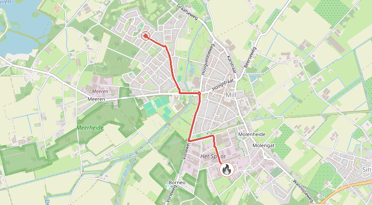 Kaart van de omgeving van de melding, met de kazerne die is gealarmeerd