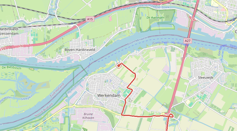 Kaart van de omgeving van de melding, met de kazerne die is gealarmeerd