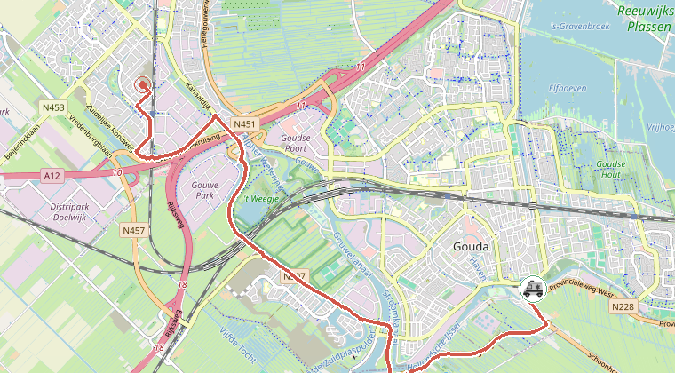 Kaart van de omgeving van de melding, met de kazerne die is gealarmeerd