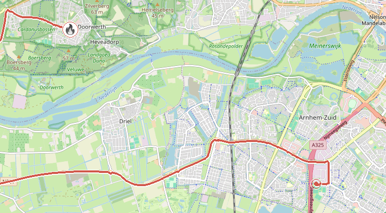 Kaart van de omgeving van de melding, met de kazerne die is gealarmeerd