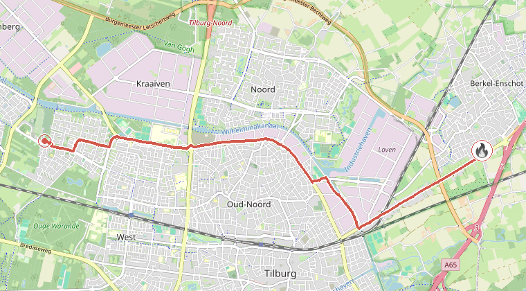 Kaart van de omgeving van de melding, met de kazerne die is gealarmeerd