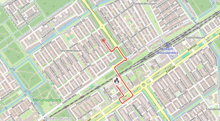 Kaart van de omgeving van de melding, met de kazerne die is gealarmeerd