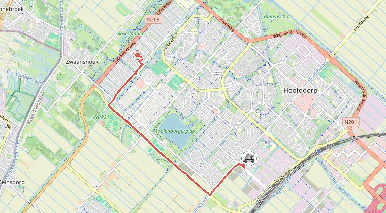 Kaart van de omgeving van de melding, met de kazerne die is gealarmeerd
