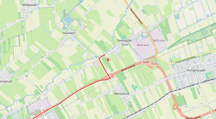 Kaart van de omgeving van de melding, met de kazerne die is gealarmeerd