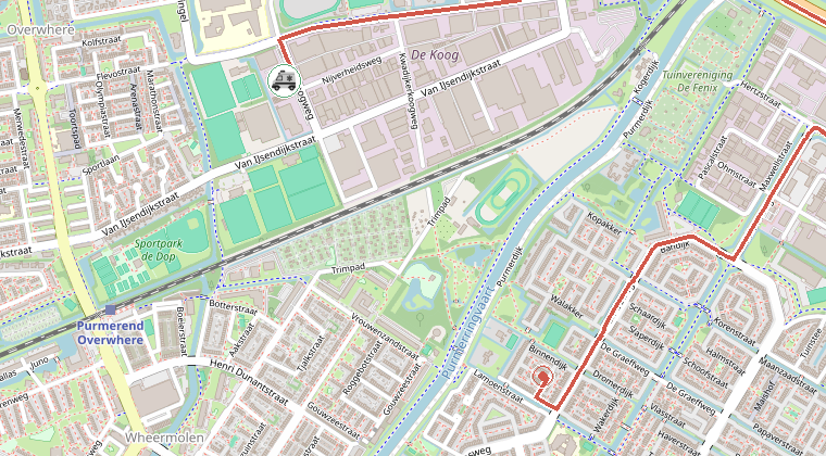 Kaart van de omgeving van de melding, met de kazerne die is gealarmeerd