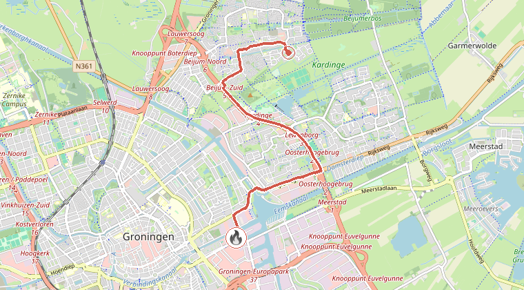 Kaart van de omgeving van de melding, met de kazerne die is gealarmeerd