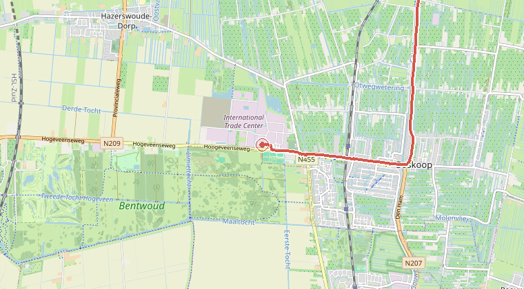 Kaart van de omgeving van de melding, met de kazerne die is gealarmeerd