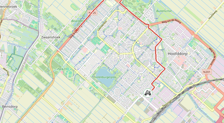 Kaart van de omgeving van de melding, met de kazerne die is gealarmeerd