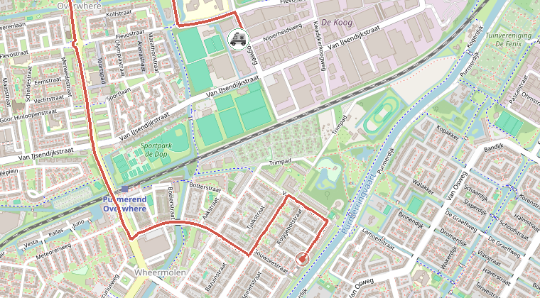 Kaart van de omgeving van de melding, met de kazerne die is gealarmeerd