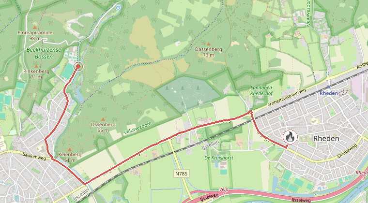 Kaart van de omgeving van de melding, met de kazerne die is gealarmeerd