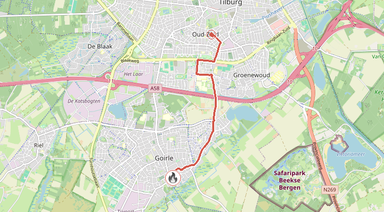 Kaart van de omgeving van de melding, met de kazerne die is gealarmeerd
