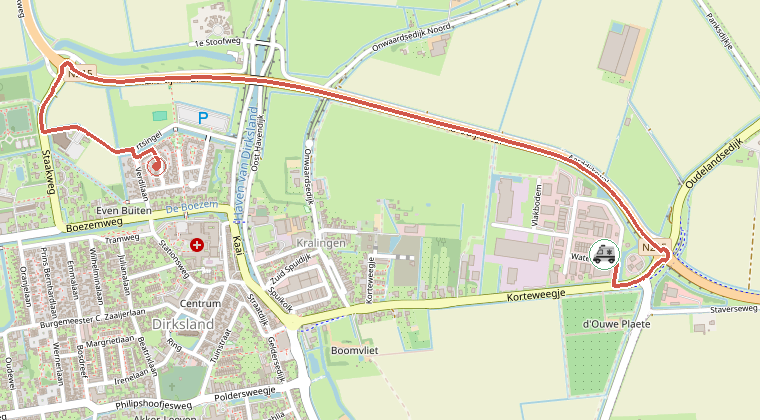 Kaart van de omgeving van de melding, met de kazerne die is gealarmeerd