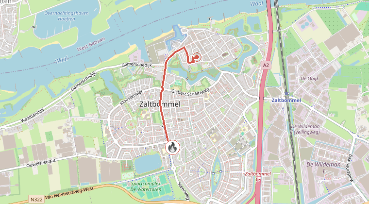 Kaart van de omgeving van de melding, met de kazerne die is gealarmeerd
