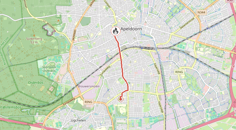 Kaart van de omgeving van de melding, met de kazerne die is gealarmeerd