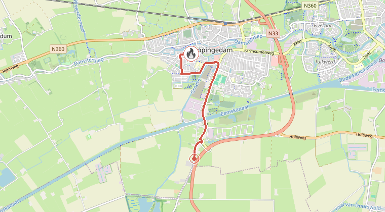 Kaart van de omgeving van de melding, met de kazerne die is gealarmeerd