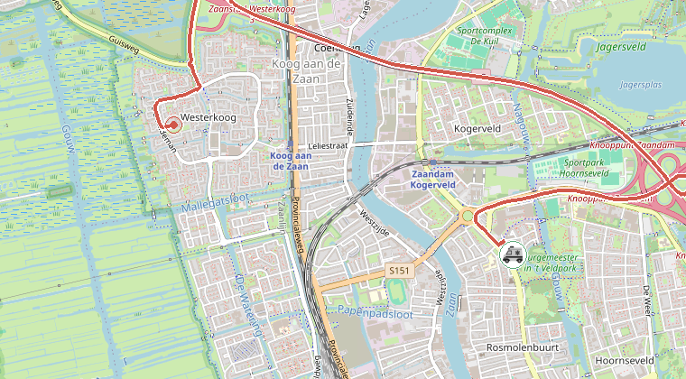 Kaart van de omgeving van de melding, met de kazerne die is gealarmeerd