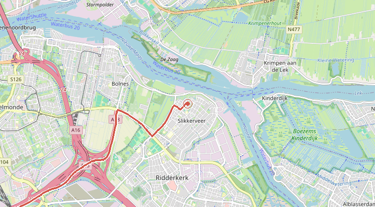 Kaart van de omgeving van de melding, met de kazerne die is gealarmeerd