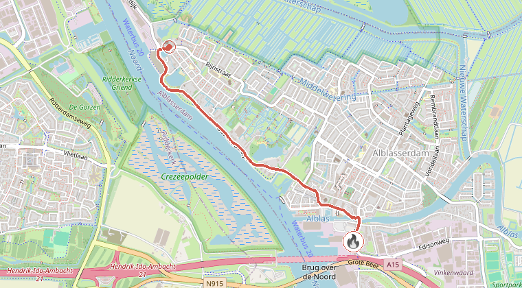 Kaart van de omgeving van de melding, met de kazerne die is gealarmeerd