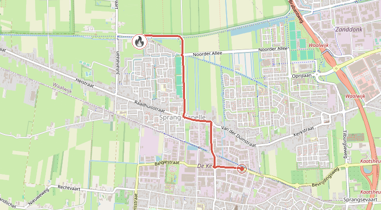 Kaart van de omgeving van de melding, met de kazerne die is gealarmeerd