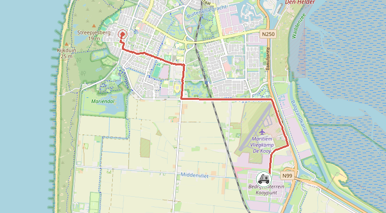 Kaart van de omgeving van de melding, met de kazerne die is gealarmeerd