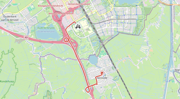 Kaart van de omgeving van de melding, met de kazerne die is gealarmeerd