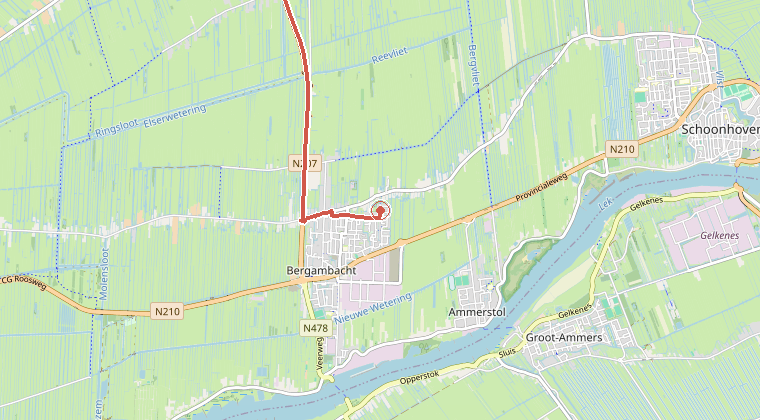 Kaart van de omgeving van de melding, met de kazerne die is gealarmeerd