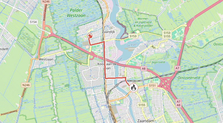 Kaart van de omgeving van de melding, met de kazerne die is gealarmeerd
