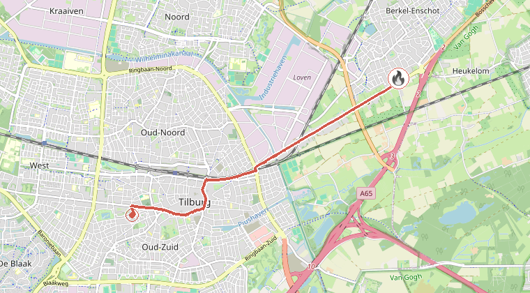 Kaart van de omgeving van de melding, met de kazerne die is gealarmeerd