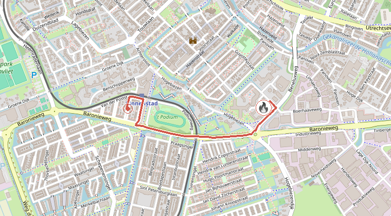 Kaart van de omgeving van de melding, met de kazerne die is gealarmeerd