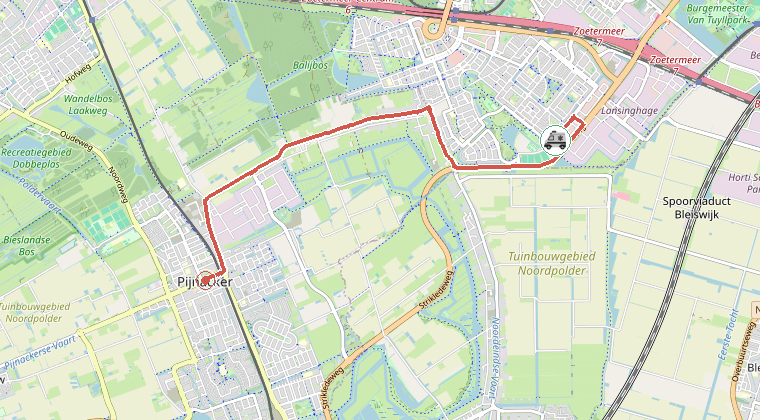 Kaart van de omgeving van de melding, met de kazerne die is gealarmeerd