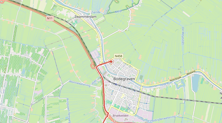 Kaart van de omgeving van de melding, met de kazerne die is gealarmeerd