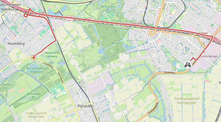 Kaart van de omgeving van de melding, met de kazerne die is gealarmeerd