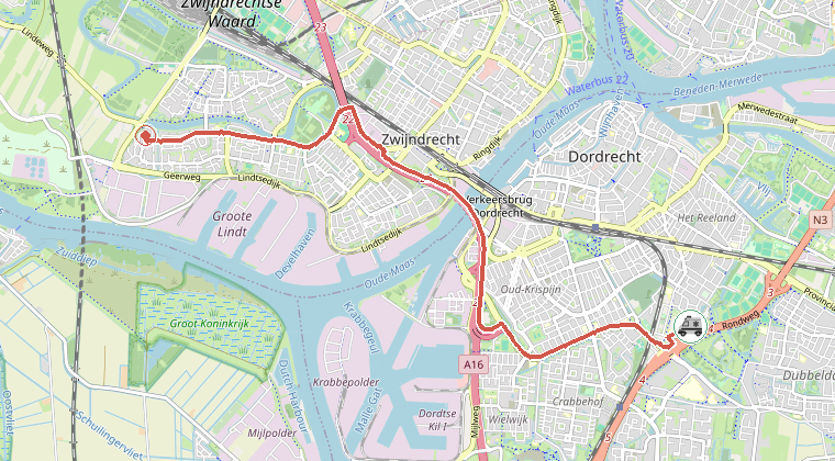 Kaart van de omgeving van de melding, met de kazerne die is gealarmeerd