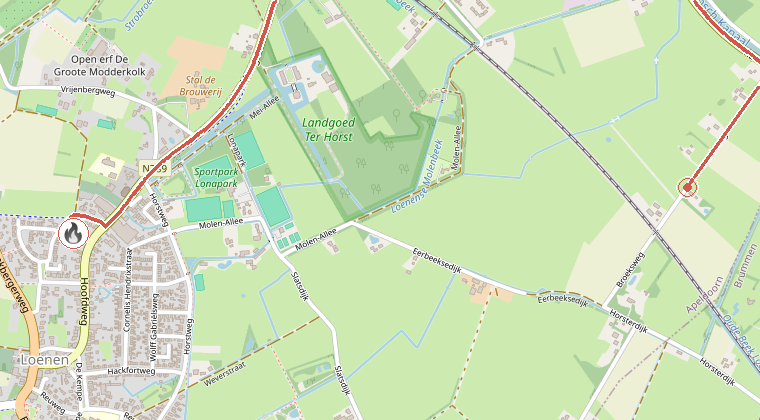 Kaart van de omgeving van de melding, met de kazerne die is gealarmeerd