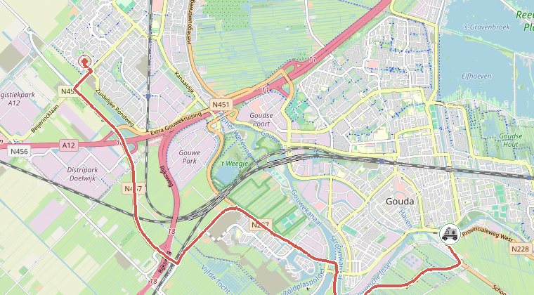 Kaart van de omgeving van de melding, met de kazerne die is gealarmeerd