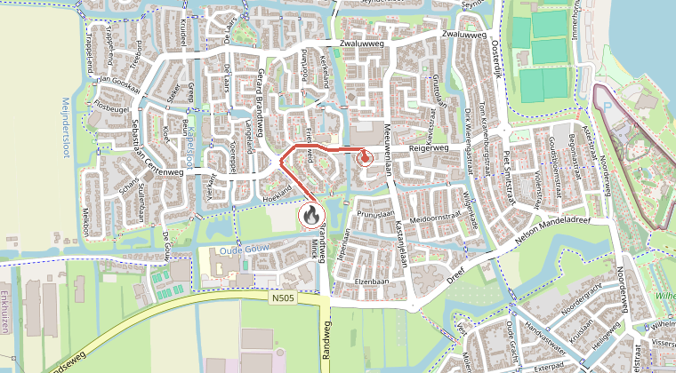 Kaart van de omgeving van de melding, met de kazerne die is gealarmeerd