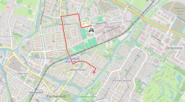 Kaart van de omgeving van de melding, met de kazerne die is gealarmeerd