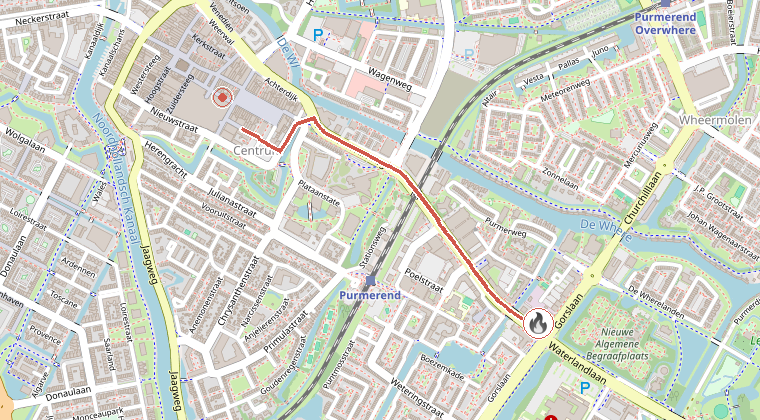 Kaart van de omgeving van de melding, met de kazerne die is gealarmeerd